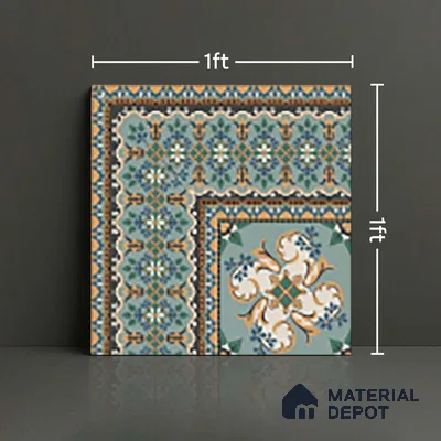Moroccan Floor Tile TL 10332 Pavment Green Corner | 1 ft x 1 ft Ceramic Matte Finish - 9 mm | Suitable for Living Room, Kitchen, Dining Area | Please Expect a Slight Variation of Pattern