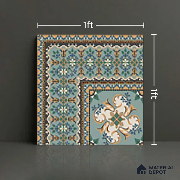 Moroccan Floor Tile TL 10332 Pavment Green Corner | 1 ft x 1 ft Ceramic Matte Finish - 9 mm | Suitable for Living Room, Kitchen, Dining Area | Please Expect a Slight Variation of Pattern