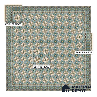 Moroccan Floor Tile TL 10332 Pavment Green Corner | 1 ft x 1 ft Ceramic Matte Finish - 9 mm | Suitable for Living Room, Kitchen, Dining Area | Please Expect a Slight Variation of Pattern