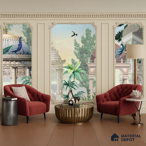 Garden Beneath the Birds | WP 04198 B Canvas Texture Finish Indian Style luxurious Customized size Wallpaper | 250 GSM WP01CNF Paper | (MOQ = 30 Sq. Ft.)