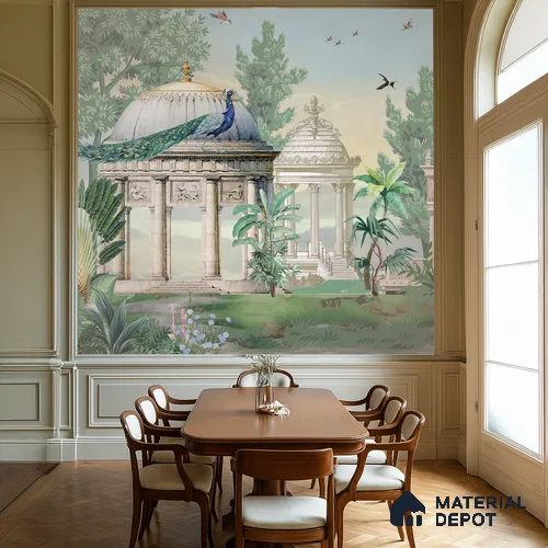 Garden Beneath the Birds | WP 04198 B Canvas Texture Finish Indian Style luxurious Customized size Wallpaper | 250 GSM WP01CNF Paper | (MOQ = 30 Sq. Ft.)