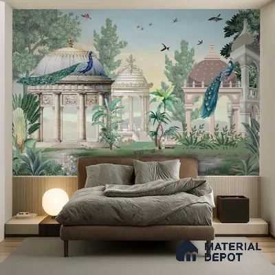 Garden Beneath the Birds | WP 04198 B Canvas Texture Finish Indian Style luxurious Customized size Wallpaper | 250 GSM WP01CNF Paper | (MOQ = 30 Sq. Ft.)