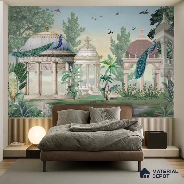 Garden Beneath the Birds | WP 04198 B Canvas Texture Finish Indian Style luxurious Customized size Wallpaper | 250 GSM WP01CNF Paper | (MOQ = 30 Sq. Ft.)