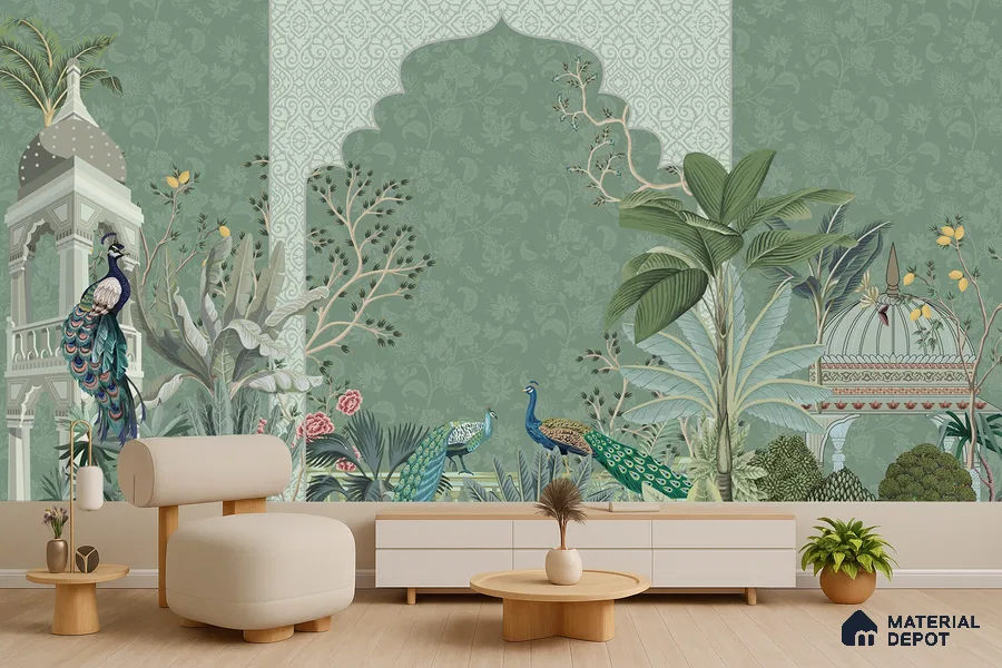 Garden Beyond the Arch Royal Mughal Floral Motif | WP 04194 B Canvas Texture Finish Indian Style luxurious Customized size Wallpaper | 250 GSM WP01CNF Paper | (MOQ = 30 Sq. Ft.)