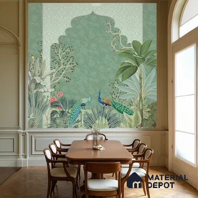 Garden Beyond the Arch Royal Mughal Floral Motif | WP 04194 B Canvas Texture Finish Indian Style luxurious Customized size Wallpaper | 250 GSM WP01CNF Paper | (MOQ = 30 Sq. Ft.)