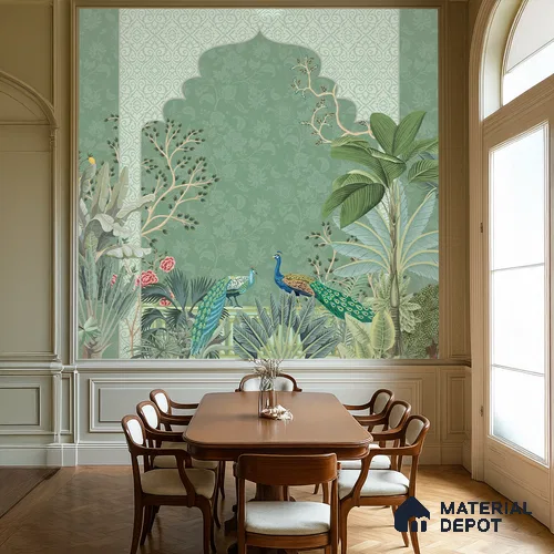 Garden Beyond the Arch Royal Mughal Floral Motif | WP 04194 Non Woven Matte Finish Indian Style Premium Customized size Wallpaper | 150 GSM WP01MTF Paper | (MOQ = 30 Sq. Ft.)