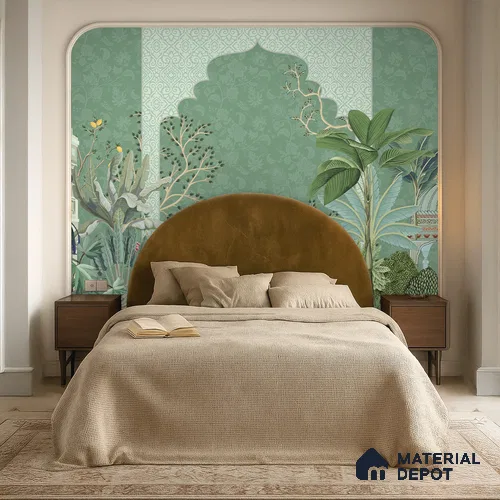 Garden Beyond the Arch Royal Mughal Floral Motif | WP 04194 B Canvas Texture Finish Indian Style luxurious Customized size Wallpaper | 250 GSM WP01CNF Paper | (MOQ = 30 Sq. Ft.)