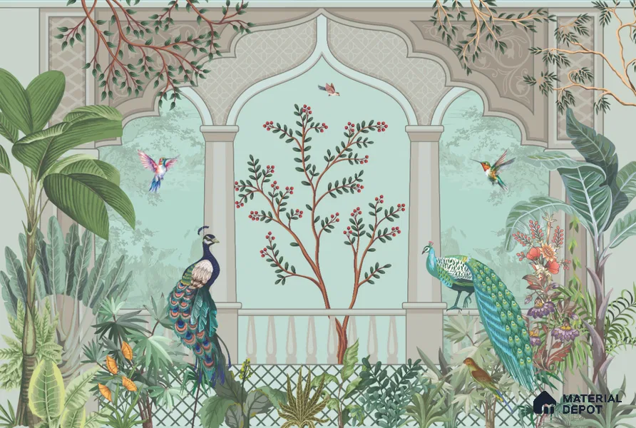 Berry Bough Peacock Jharokha Abstract Nature Art | WP 03984 B Canvas Texture Finish Tropical Style luxurious Customized size Wallpaper | 250 GSM WP01CNF Paper | (MOQ = 30 Sq. Ft.)