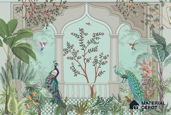 Berry Bough Peacock Jharokha Abstract Nature Art | WP 03984 Non Woven Matte Finish Tropical Style Premium Customized size Wallpaper | 150 GSM WP01MTF Paper | (MOQ = 30 Sq. Ft.)