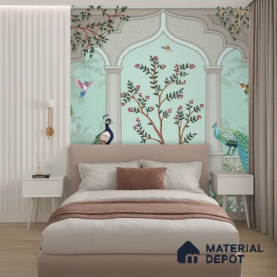 Berry Bough Peacock Jharokha Abstract Nature Art | WP 03984 B Canvas Texture Finish Tropical Style luxurious Customized size Wallpaper | 250 GSM WP01CNF Paper | (MOQ = 30 Sq. Ft.)