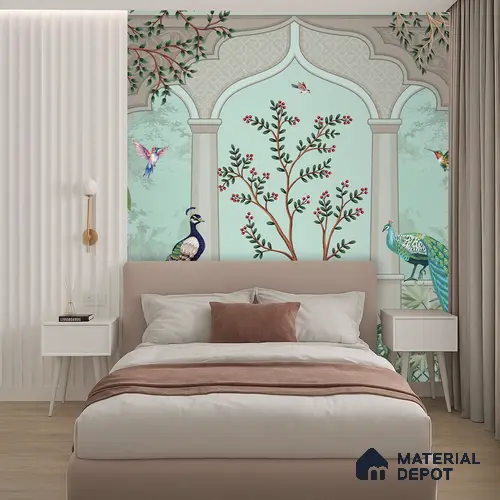 Berry Bough Peacock Jharokha Abstract Nature Art | WP 03984 B Canvas Texture Finish Tropical Style luxurious Customized size Wallpaper | 250 GSM WP01CNF Paper | (MOQ = 30 Sq. Ft.)