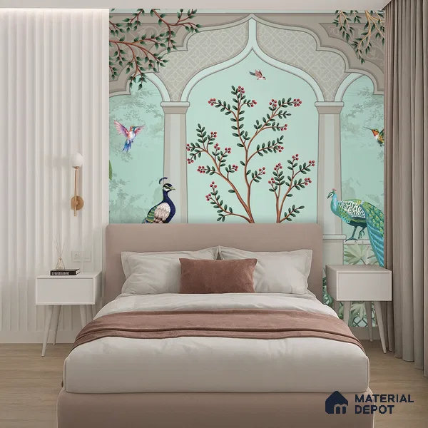 Berry Bough Peacock Jharokha Abstract Nature Art | WP 03984 B Canvas Texture Finish Tropical Style luxurious Customized size Wallpaper | 250 GSM WP01CNF Paper | (MOQ = 30 Sq. Ft.)
