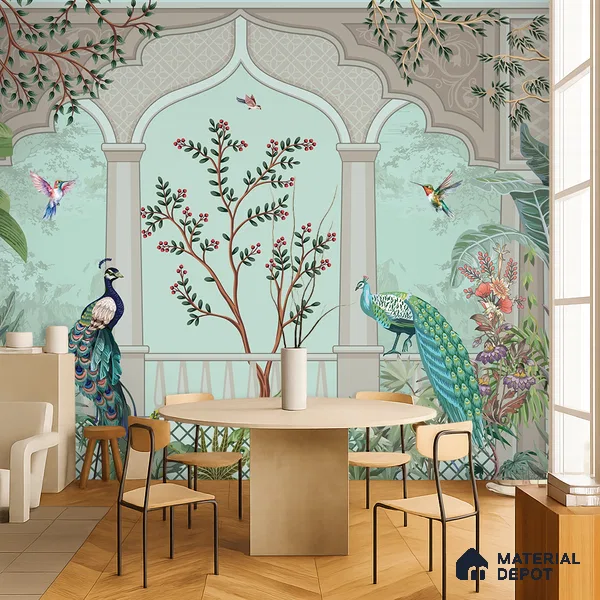 Berry Bough Peacock Jharokha Abstract Nature Art | WP 03984 B Canvas Texture Finish Tropical Style luxurious Customized size Wallpaper | 250 GSM WP01CNF Paper | (MOQ = 30 Sq. Ft.)