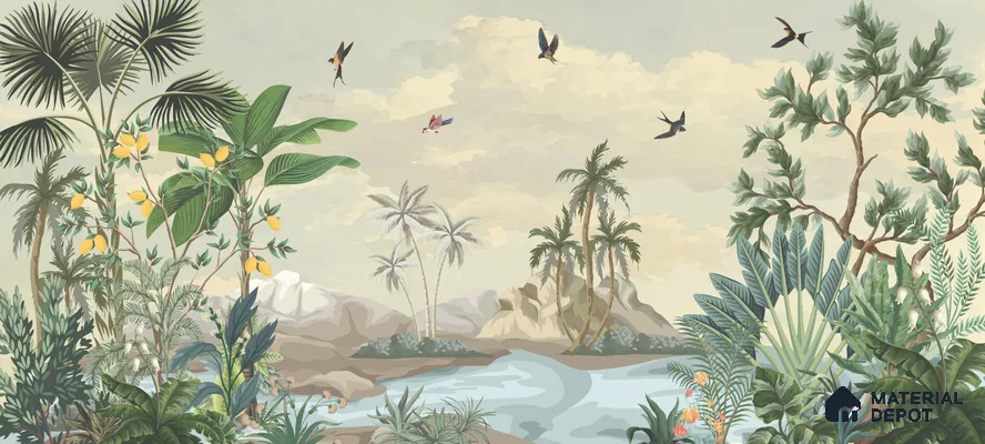 Palm Coast Reverie Tropical Mist Nature Art | WP 03994 Non Woven Matte Finish Tropical Style Premium Customized size Wallpaper | 150 GSM WP01MTF Paper | (MOQ = 30 Sq. Ft.)