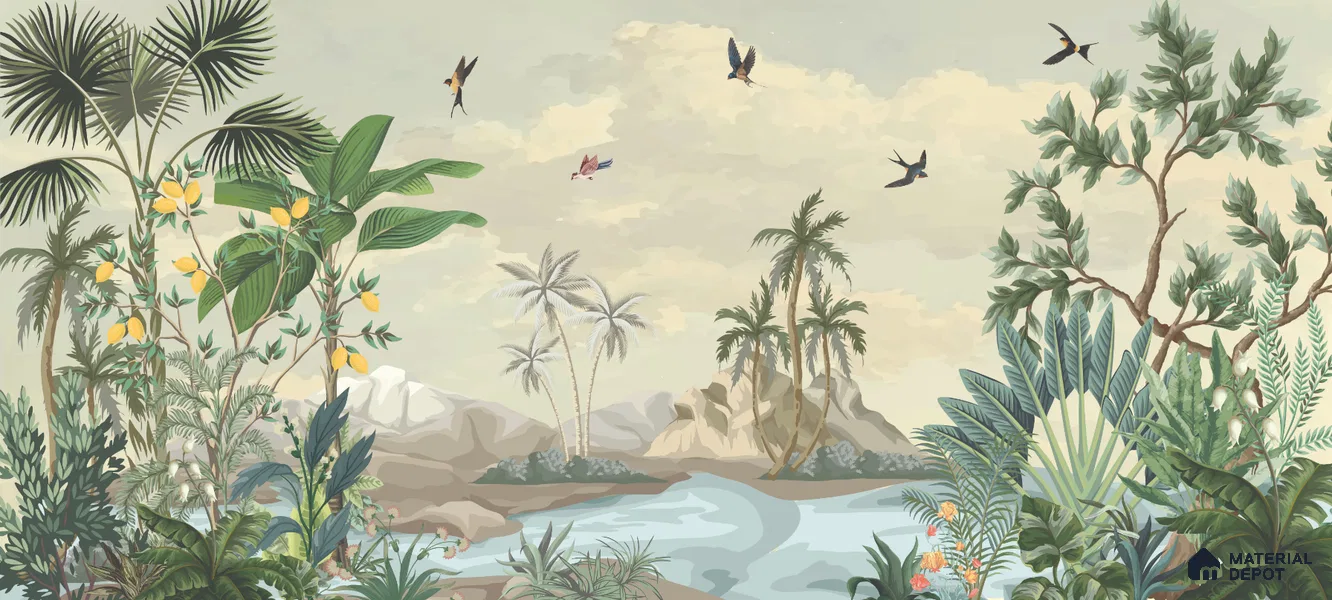 Palm Coast Reverie Tropical Mist Nature Art | WP 03994 Non Woven Matte Finish Tropical Style Premium Customized size Wallpaper | 150 GSM WP01MTF Paper | (MOQ = 30 Sq. Ft.)