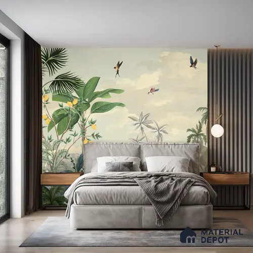 Palm Coast Reverie Tropical Mist Nature Art | WP 03994 B Canvas Texture Finish Tropical Style luxurious Customized size Wallpaper | 250 GSM WP01CNF Paper | (MOQ = 30 Sq. Ft.)