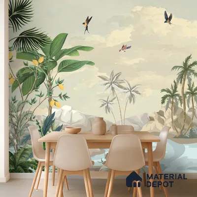 Palm Coast Reverie Tropical Mist Nature Art | WP 03994 Non Woven Matte Finish Tropical Style Premium Customized size Wallpaper | 150 GSM WP01MTF Paper | (MOQ = 30 Sq. Ft.)
