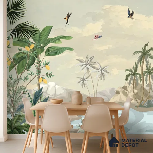 Palm Coast Reverie Tropical Mist Nature Art | WP 03994 B Canvas Texture Finish Tropical Style luxurious Customized size Wallpaper | 250 GSM WP01CNF Paper | (MOQ = 30 Sq. Ft.)