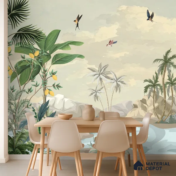 Palm Coast Reverie Tropical Mist Nature Art | WP 03994 Non Woven Matte Finish Tropical Style Premium Customized size Wallpaper | 150 GSM WP01MTF Paper | (MOQ = 30 Sq. Ft.)