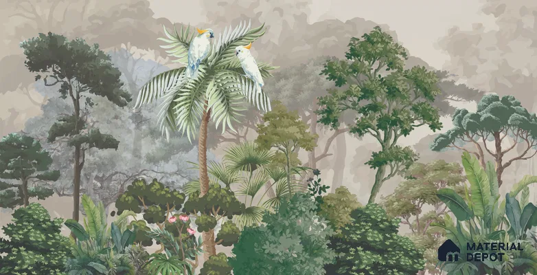 Misty Palm Canopy Parrot Tropical Nature Art | WP 03953 Non Woven Matte Finish Tropical Style Premium Customized size Wallpaper | 150 GSM WP01MTF Paper | (MOQ = 30 Sq. Ft.)