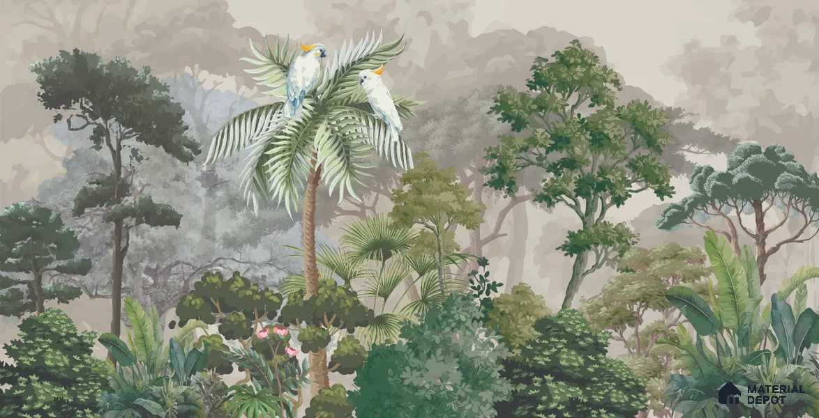 Misty Palm Canopy Parrot Tropical Nature Art | WP 03953 Non Woven Matte Finish Tropical Style Premium Customized size Wallpaper | 150 GSM WP01MTF Paper | (MOQ = 30 Sq. Ft.)