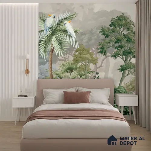 Misty Palm Canopy Parrot Tropical Nature Art | WP 03953 Non Woven Matte Finish Tropical Style Premium Customized size Wallpaper | 150 GSM WP01MTF Paper | (MOQ = 30 Sq. Ft.)