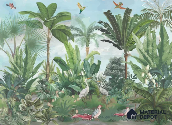 Verdant Aviary Tropical Mist Nature Art | WP 03992 Non Woven Matte Finish Tropical Style Premium Customized size Wallpaper | 150 GSM WP01MTF Paper | (MOQ = 30 Sq. Ft.)