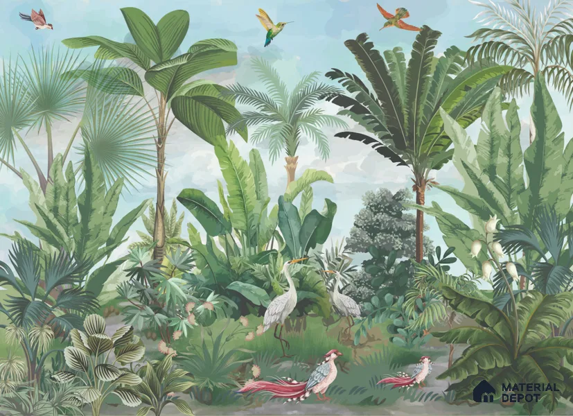 Verdant Aviary Tropical Mist Nature Art | WP 03992 Non Woven Matte Finish Tropical Style Premium Customized size Wallpaper | 150 GSM WP01MTF Paper | (MOQ = 30 Sq. Ft.)