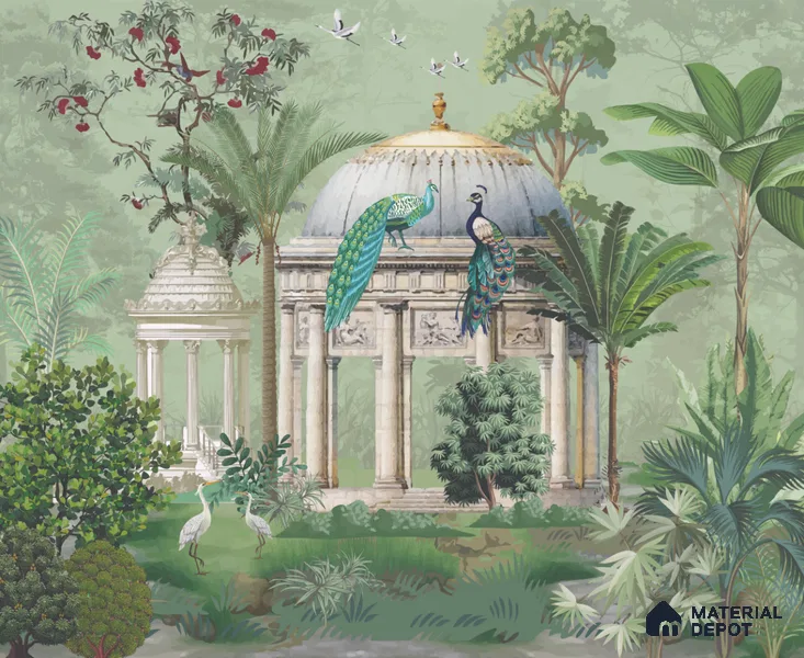 Verdant Pavilion of Peacocks Tropical Mist Nature Art | WP 03990 B Canvas Texture Finish Tropical Style luxurious Customized size Wallpaper | 250 GSM WP01CNF Paper | (MOQ = 30 Sq. Ft.)