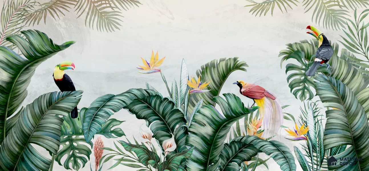 Tropical Canopy Birds Paradise Tropical Mist Nature Art | WP 03959 Non Woven Matte Finish Tropical Style Premium Customized size Wallpaper | 150 GSM WP01MTF Paper | (MOQ = 30 Sq. Ft.) | Design change not possible