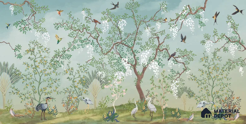 White Blossom Aviary Meadow Tropical Mist Nature Art | WP 03950 Non Woven Matte Finish Tropical Style Premium Customized size Wallpaper | 150 GSM WP01MTF Paper | (MOQ = 30 Sq. Ft.)