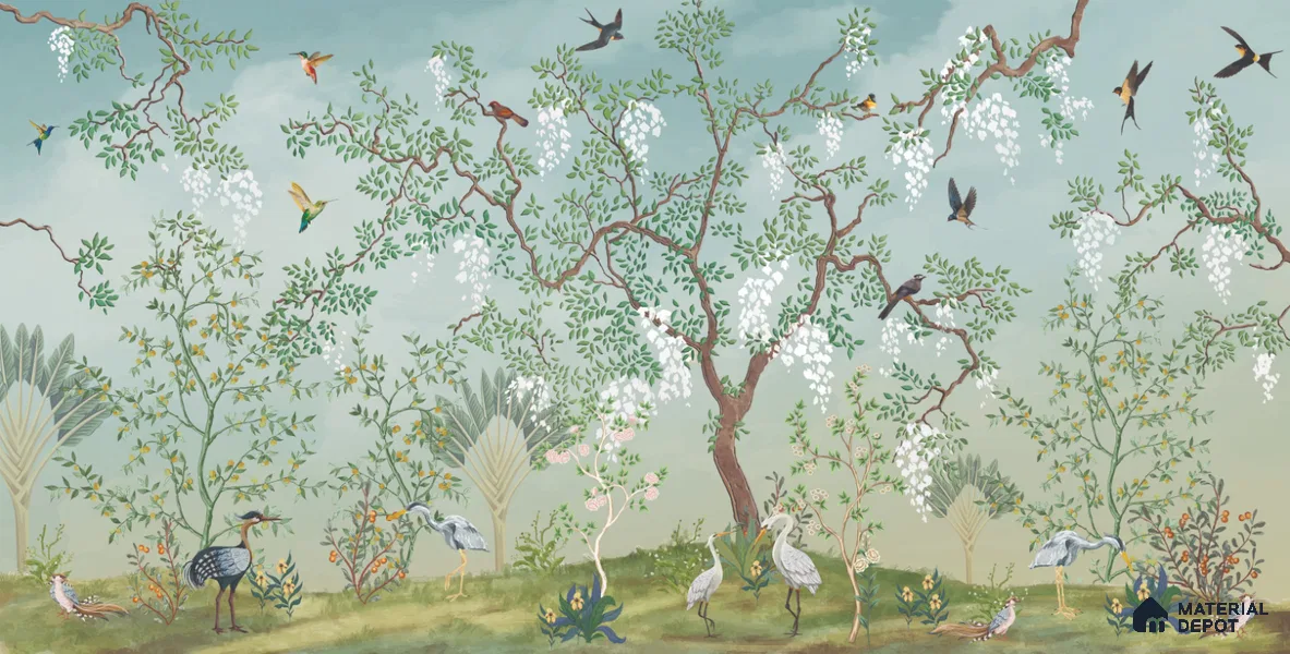 White Blossom Aviary Meadow Tropical Mist Nature Art | WP 03950 Non Woven Matte Finish Tropical Style Premium Customized size Wallpaper | 150 GSM WP01MTF Paper | (MOQ = 30 Sq. Ft.)