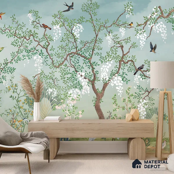 White Blossom Aviary Meadow Tropical Mist Nature Art | WP 03950 B Canvas Texture Finish Tropical Style luxurious Customized size Wallpaper | 250 GSM WP01CNF Paper | (MOQ = 30 Sq. Ft.)