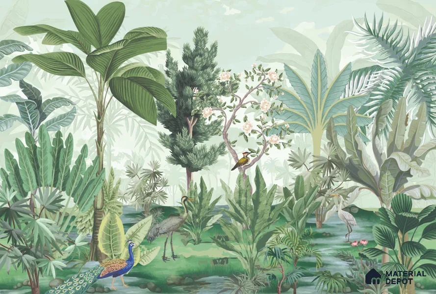 Soft Jungle Symphony Tropical Mist Nature Art | WP 03971 Non Woven Matte Finish Tropical Style Premium Customized size Wallpaper | 150 GSM WP01MTF Paper | (MOQ = 30 Sq. Ft.)