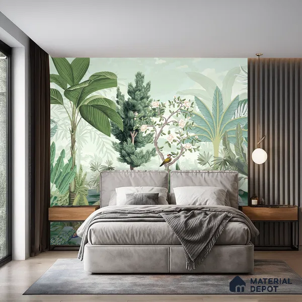 Soft Jungle Symphony Tropical Mist Nature Art | WP 03971 B Canvas Texture Finish Tropical Style luxurious Customized size Wallpaper | 250 GSM WP01CNF Paper | (MOQ = 30 Sq. Ft.)