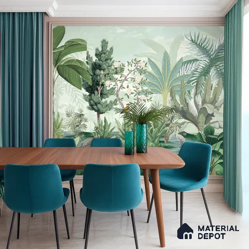 Soft Jungle Symphony Tropical Mist Nature Art | WP 03971 Non Woven Matte Finish Tropical Style Premium Customized size Wallpaper | 150 GSM WP01MTF Paper | (MOQ = 30 Sq. Ft.)