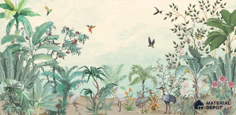 Soft Horizon Jungle Tropical Mist Nature Art | WP 03972 B Canvas Texture Finish Tropical Style luxurious Customized size Wallpaper | 250 GSM WP01CNF Paper | (MOQ = 30 Sq. Ft.)