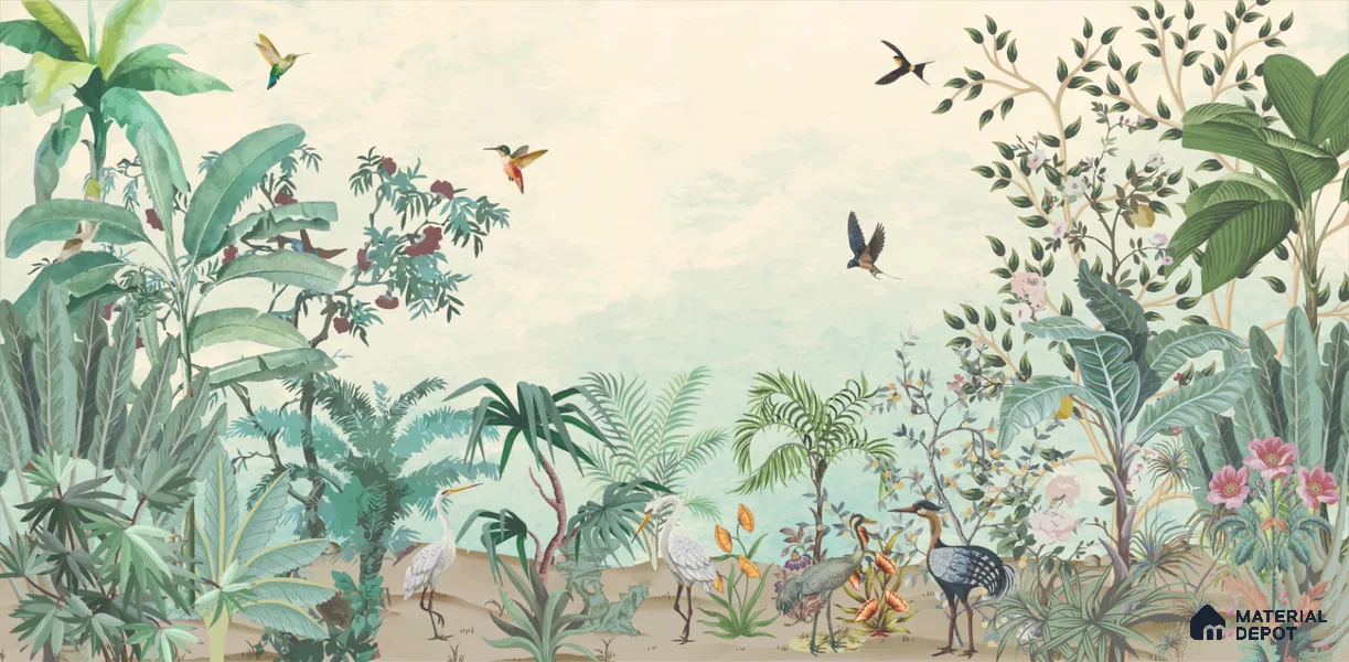 Soft Horizon Jungle Tropical Mist Nature Art | WP 03972 B Canvas Texture Finish Tropical Style luxurious Customized size Wallpaper | 250 GSM WP01CNF Paper | (MOQ = 30 Sq. Ft.)