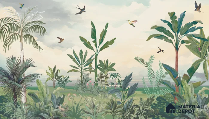 Open Skies Tropical Meadow Mist Nature Art | WP 03987 B Canvas Texture Finish Tropical Style luxurious Customized size Wallpaper | 250 GSM WP01CNF Paper | (MOQ = 30 Sq. Ft.)