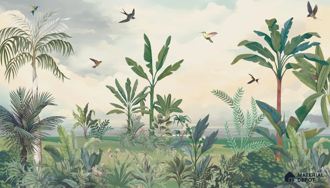 Open Skies Tropical Meadow Mist Nature Art | WP 03987 B Canvas Texture Finish Tropical Style luxurious Customized size Wallpaper | 250 GSM WP01CNF Paper | (MOQ = 30 Sq. Ft.)
