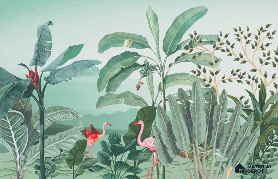 Banana Grove Flamingo Escape Tropical Mist Nature Art | WP 03988 B Canvas Texture Finish Tropical Style luxurious Customized size Wallpaper | 250 GSM WP01CNF Paper | (MOQ = 30 Sq. Ft.)