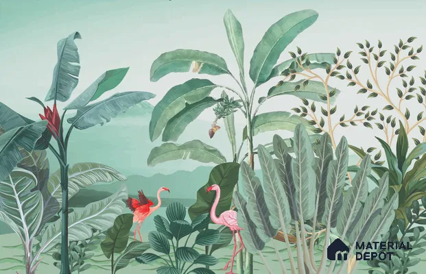 Banana Grove Flamingo Escape Tropical Mist Nature Art | WP 03988 Non Woven Matte Finish Tropical Style Premium Customized size Wallpaper | 150 GSM WP01MTF Paper | (MOQ = 30 Sq. Ft.)