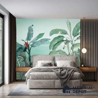 Banana Grove Flamingo Escape Tropical Mist Nature Art | WP 03988 B Canvas Texture Finish Tropical Style luxurious Customized size Wallpaper | 250 GSM WP01CNF Paper | (MOQ = 30 Sq. Ft.)