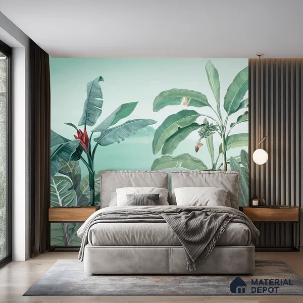 Banana Grove Flamingo Escape Tropical Mist Nature Art | WP 03988 B Canvas Texture Finish Tropical Style luxurious Customized size Wallpaper | 250 GSM WP01CNF Paper | (MOQ = 30 Sq. Ft.)