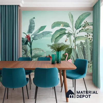 Banana Grove Flamingo Escape Tropical Mist Nature Art | WP 03988 B Canvas Texture Finish Tropical Style luxurious Customized size Wallpaper | 250 GSM WP01CNF Paper | (MOQ = 30 Sq. Ft.)
