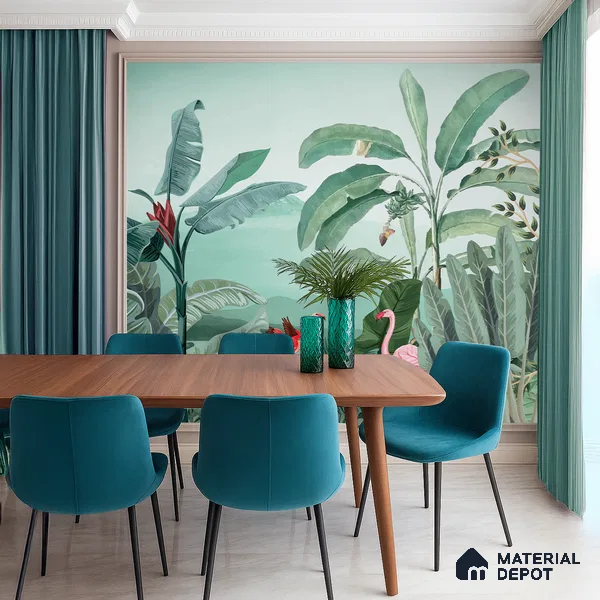 Banana Grove Flamingo Escape Tropical Mist Nature Art | WP 03988 B Canvas Texture Finish Tropical Style luxurious Customized size Wallpaper | 250 GSM WP01CNF Paper | (MOQ = 30 Sq. Ft.)