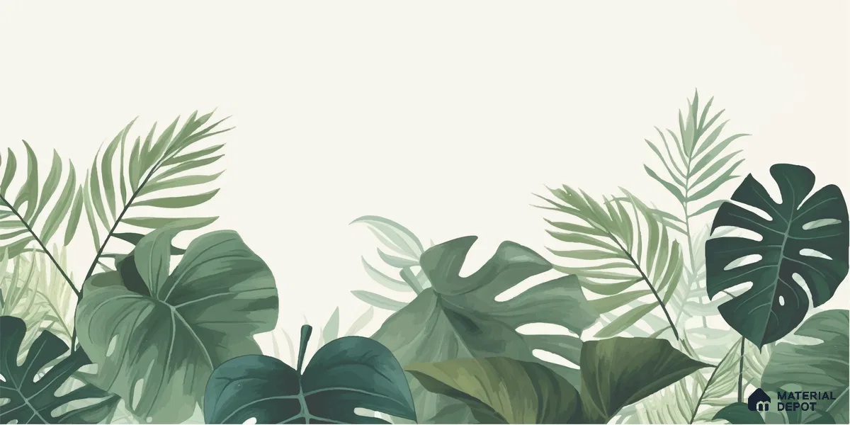 Olive Green Palm and Monstera Abstract Nature Art | WP 03925 Non Woven Matte Finish Tropical Style Premium Customized size Wallpaper | 150 GSM WP01MTF Paper | (MOQ = 30 Sq. Ft.)