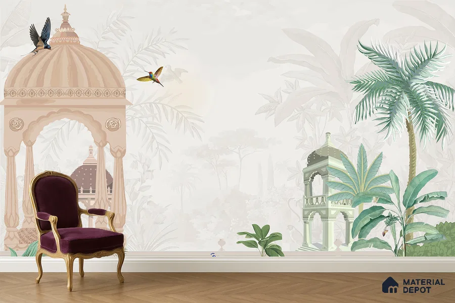 Quiet Courtyard Amber Rajput Leaf Fresco | WP 04177 Non Woven Matte Finish Indian Style Premium Customized size Wallpaper | 150 GSM WP01MTF Paper | (MOQ = 30 Sq. Ft.) | Design change not possible