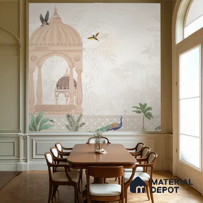 Quiet Courtyard Amber Rajput Leaf Fresco | WP 04177 Non Woven Matte Finish Indian Style Premium Customized size Wallpaper | 150 GSM WP01MTF Paper | (MOQ = 30 Sq. Ft.) | Design change not possible