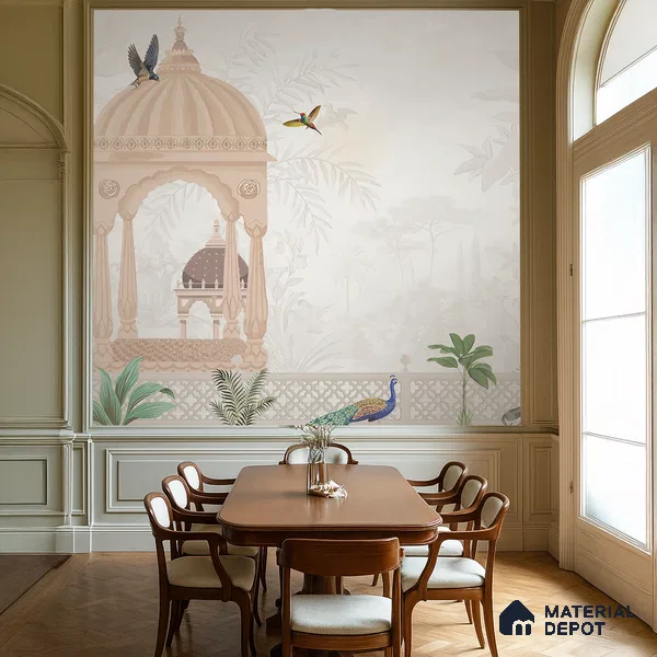 Quiet Courtyard Amber Rajput Leaf Fresco | WP 04177 Non Woven Matte Finish Indian Style Premium Customized size Wallpaper | 150 GSM WP01MTF Paper | (MOQ = 30 Sq. Ft.) | Design change not possible